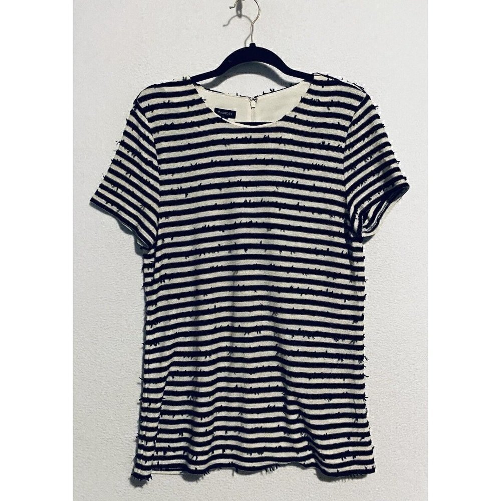 Talbots Top Womens Large Black Ivory Striped Frayed Sequin Short Sleeve Boho